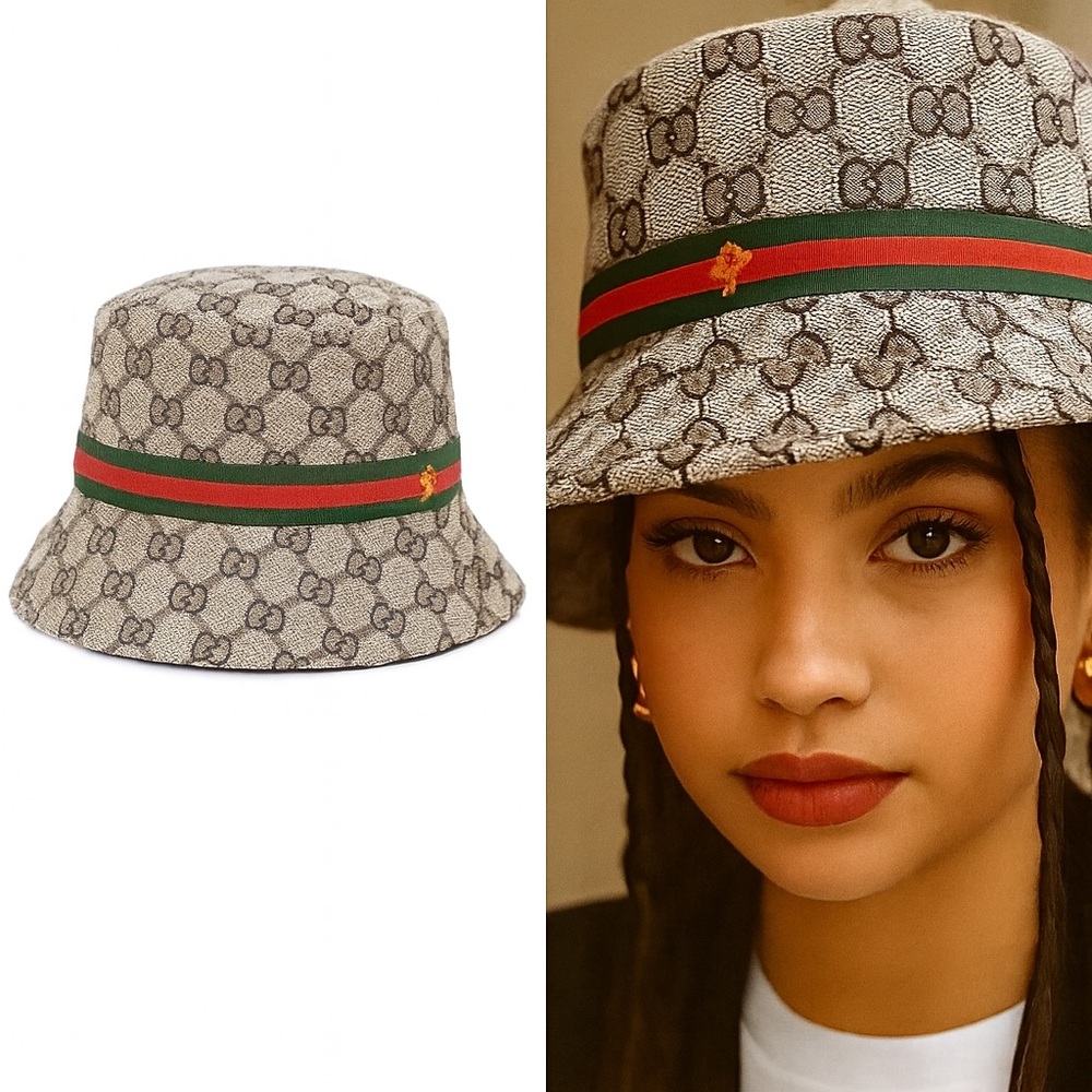 Designer Inspired Monogram Bucket Hat Stripe & Bee Detail Reversible Like New